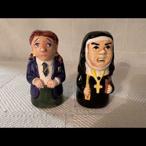 Nun & Schoolgirl Salt and Pepper Shakers-Ceramic- Plastic Plugs-Used on a TV - Picture 3 of 10
